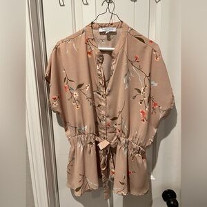 Sweet Rain Tan brown with orange Floral accents blouse with Buttons and tie
